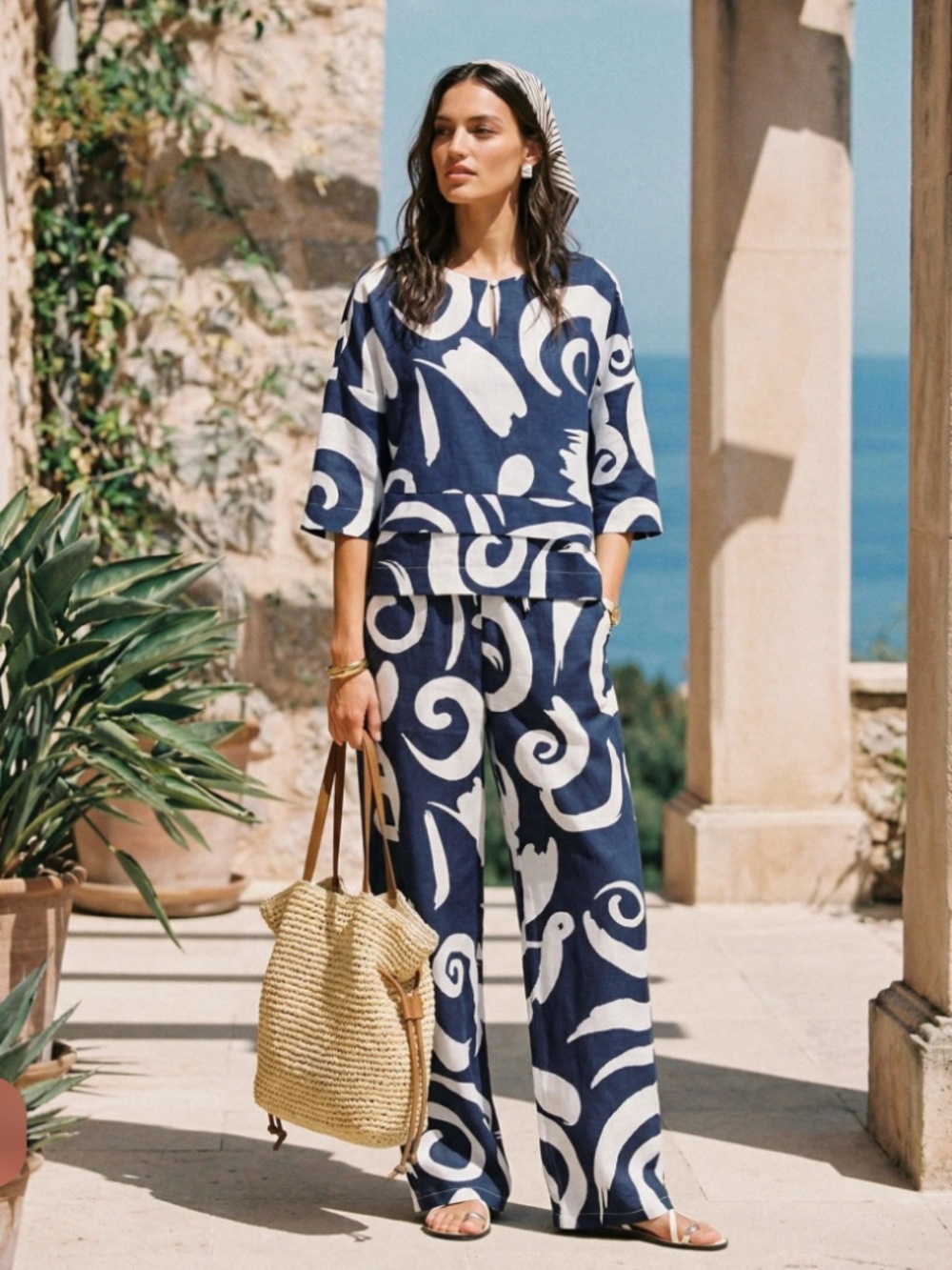 Lintico Linen Layered Asymmetric Top and Pants Matching set - medium